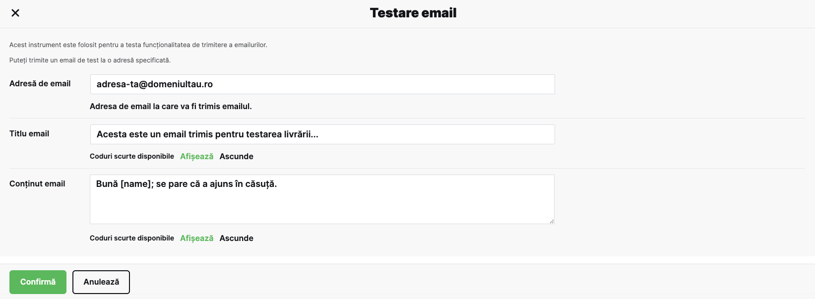 Fereastra Testare email, cu adresa, titlul și conținutul mesajului